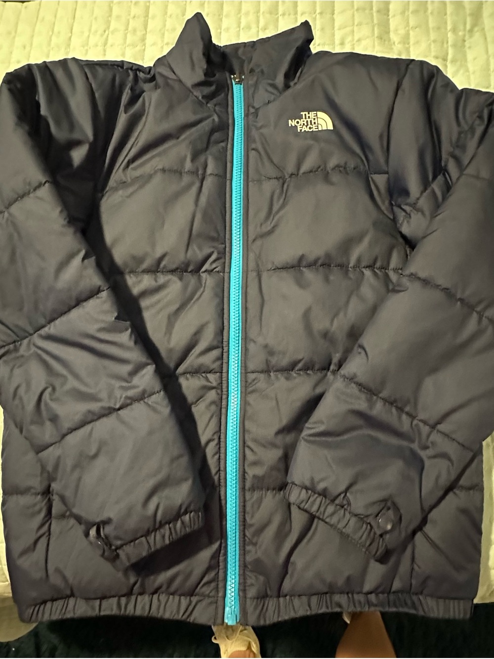 Kids North Face Navy Jacket with Teal Accent Zipper